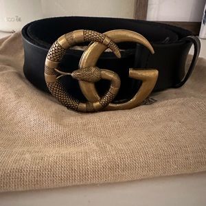 Gucci GG Marmont Snake Leather Belt with Shiny Buckle in Black and Gold Hardware